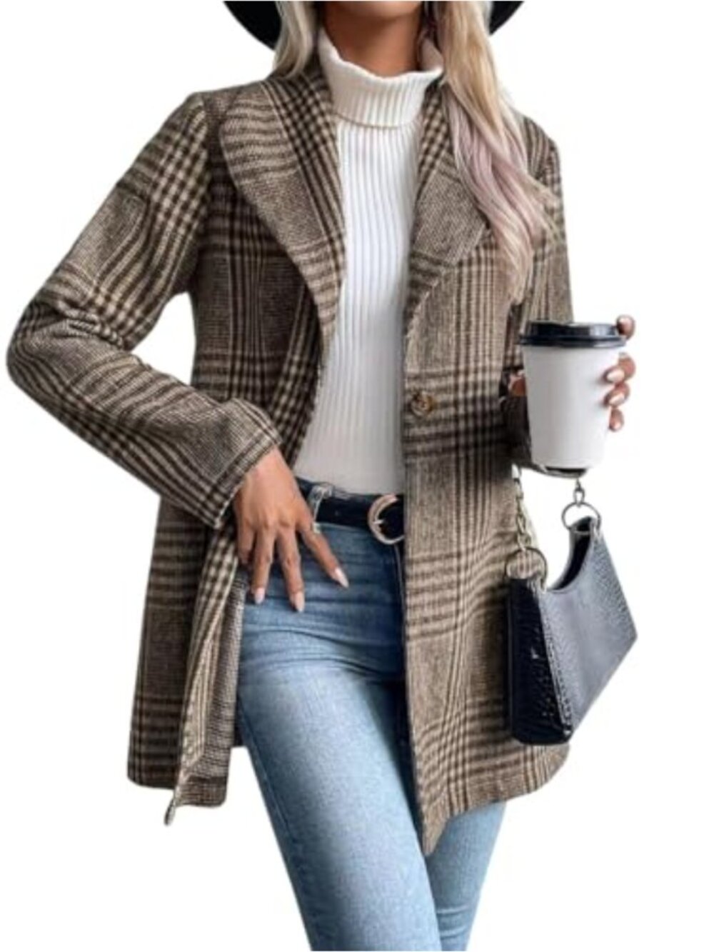 Womens Open Front Plaid Wool Blend Blazer Long Sleeve Button Casual Work Office